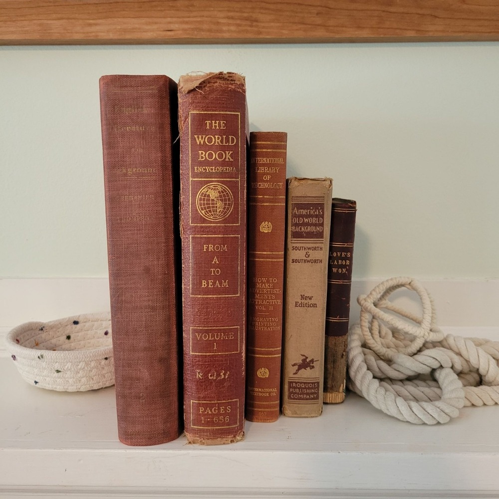 5 Vintage Red Book Set Lot Staging Decor‎ Retro Prop Shelf Mantle Centerpiece